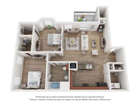 Floor plan for 2 beds, 1 bath, 988 sqft